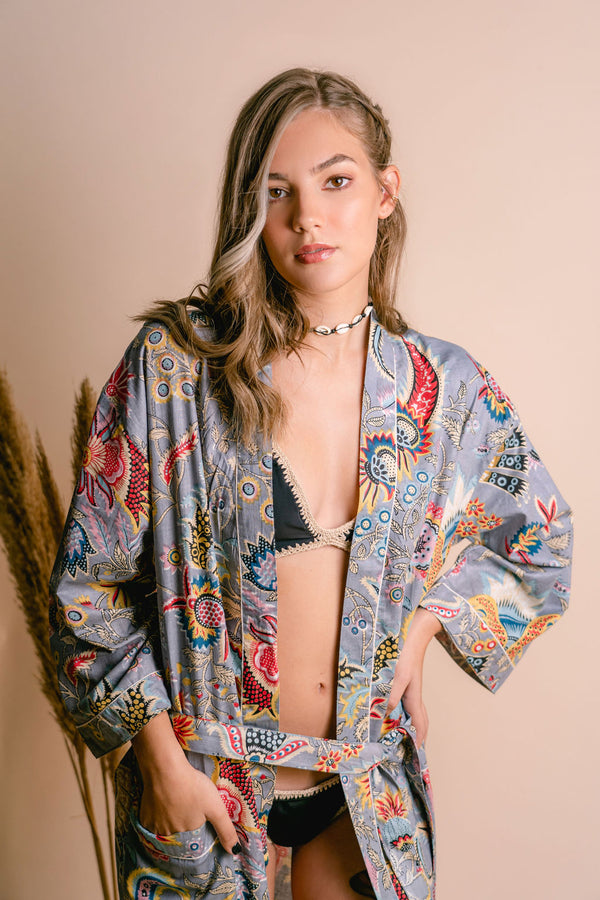 Grey Floral Kimono